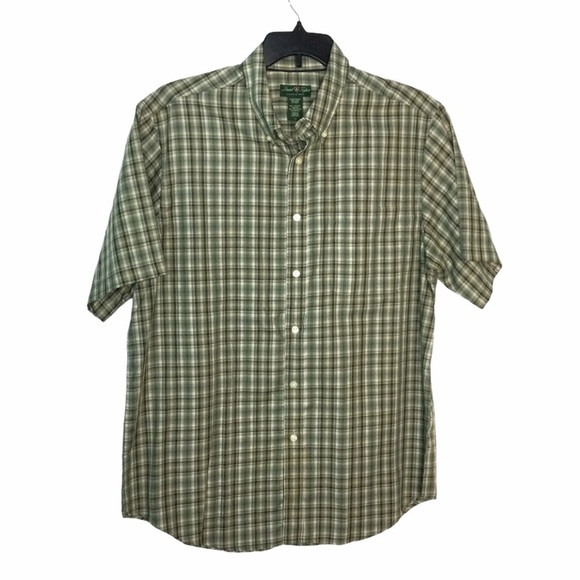 Men’s David Taylor L Large Button Front Casual Shirt Olive Green Plaid Tan NWOT - Picture 3 of 7